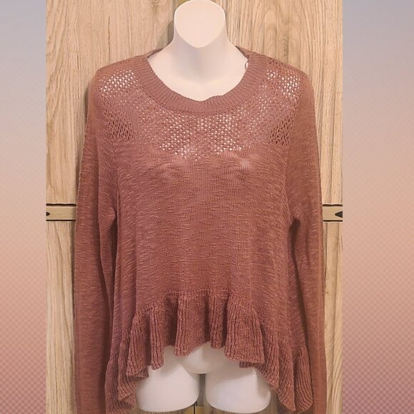 True Craft Sweaters - True Craft Dusty Rose Pink Open Knit Sweater – Size Large – Feminine Ruffle Hem